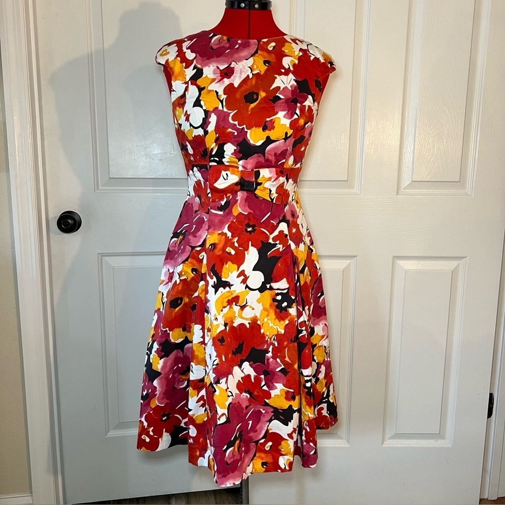 David Meister Fit & Flare Midi Dress. Floral, Bow Accent, Heavy Fabric